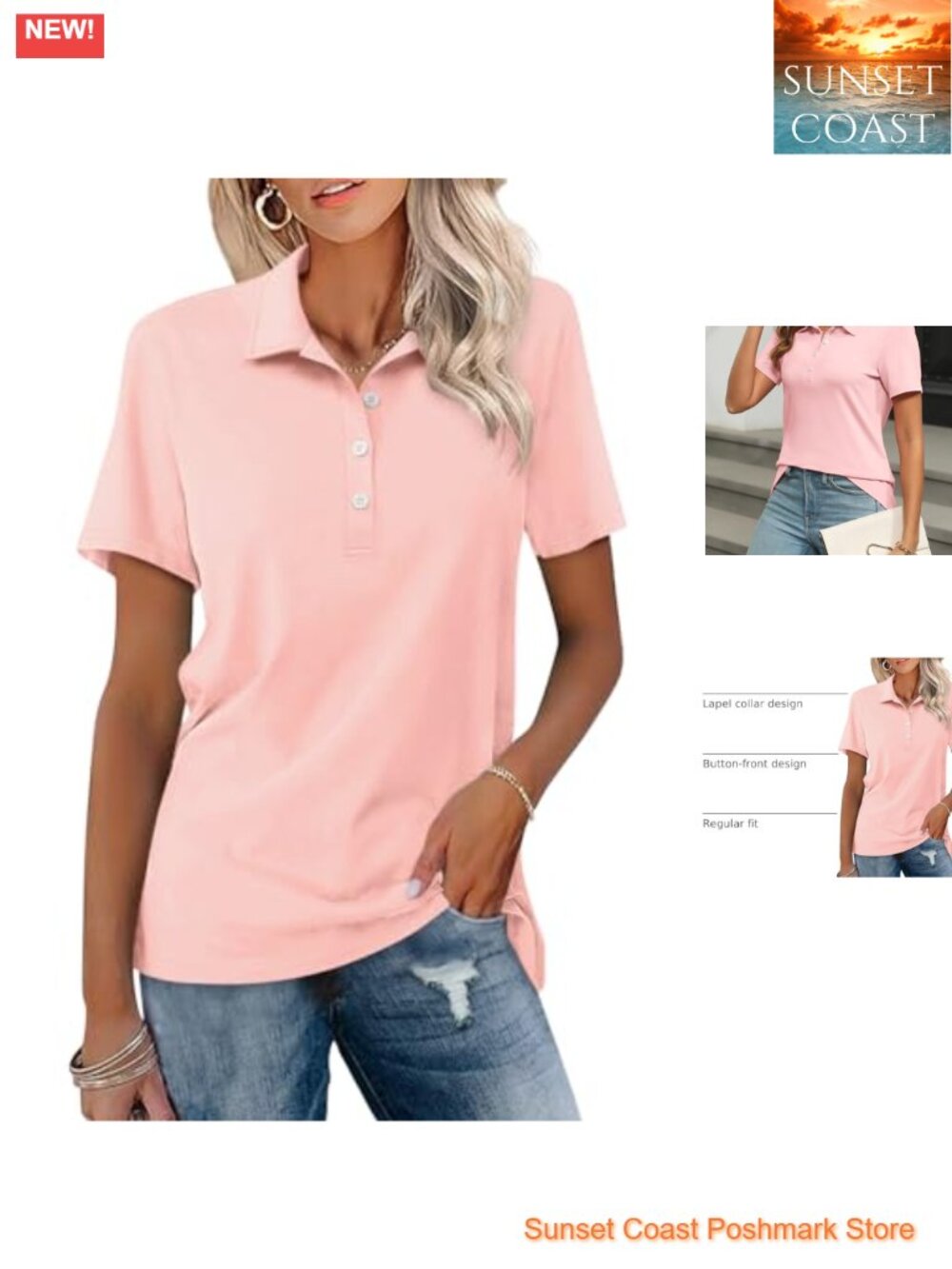 Womens Polo Shirt Short Sleeve Button Collared Summer Top